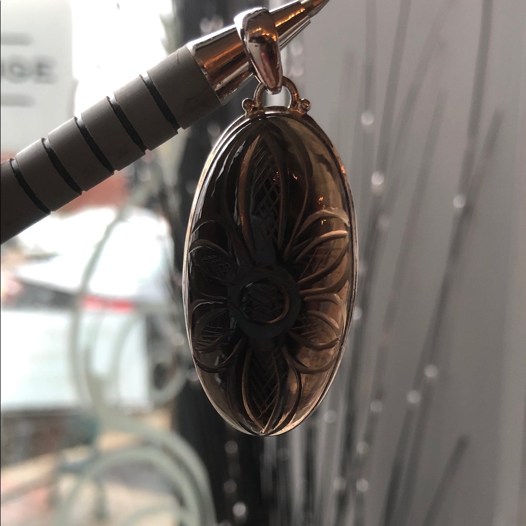 Tggc Large Smokey Topaz Carved Floral Pendant